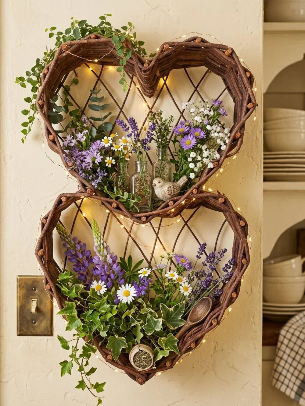 💕Vintage Cottagecore Willow Branch Duo Heart Wall Shelf Rustic Farmhouse Decor